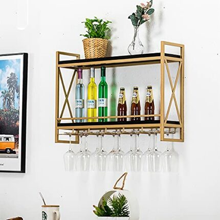 SUCHETA Gold Metal Wall-Mounted Wine Rack, Industrial Style Wrought Iron Double Wall Wall-Mounted Wine Glass Holder, With Wine Glass Trough Home
