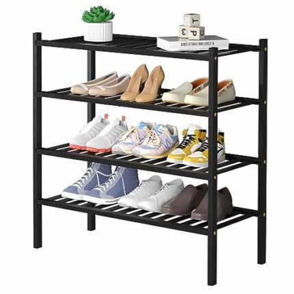 ROMGUAR CRAFT 4 Tier Bamboo Shoe Rack for Closet Free Standing Wood Shoe Shelf for Entryway Small Space Stackable 27"x11"x26" (Black)