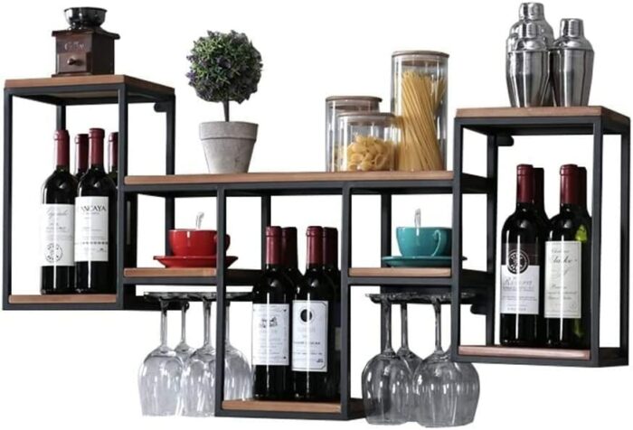 Wall Mount Wine Racks Metal and Wood, Vintage Wine Holder Wine Cabinet Bottle Holder, Kitchen Bar Goblet Stemware Glass Racks, Wall Shelf Unit St