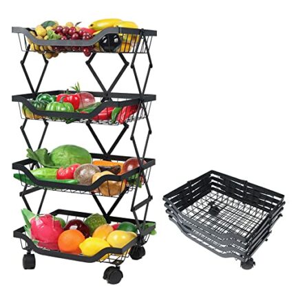 VECH 4 Tier Vegetable Rack,Stackable Veg Fruit Storage Basket on Wheels,Kitchen Vegetable Stand for Onion & Potato, Pantry Kitchen Trolley,Foldab