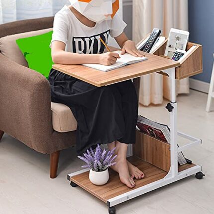 ybaymy Adjustable Side Table C Shaped End Table Movable Bedside Computer Couch Snack Table with Lockable Wheels Adjustable Height Sofa Side Table