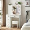 Buildonely Dressing Desk Set with Mirror and Lights, Vanity Set with 6 Storage Drawers and Cushion Stool, Hollywood Makeup Table for Bedroom, Gir