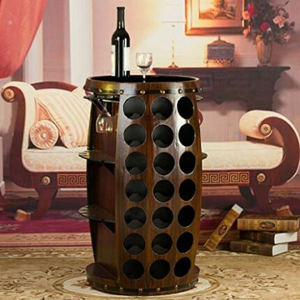 PIBM Wine Barrel Floor-Standing Oak Wine Rack Glass Bottle Storage Shelf Home Bar Office Decor J1117