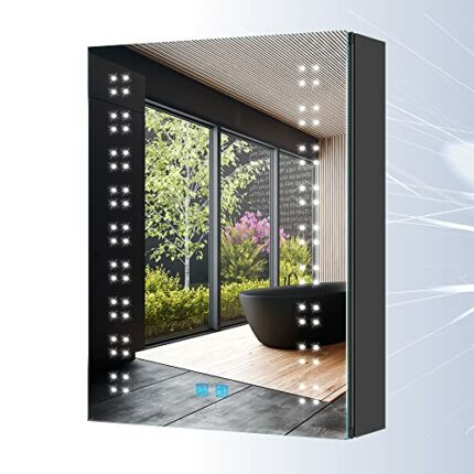 Tokvon® Twinkle BLACK Bathroom Mirror Cabinet Wall Mounted with dual plug shaver socket LED Light Anti-fog Demister Adjustable Dimmer 500 x 700mm
