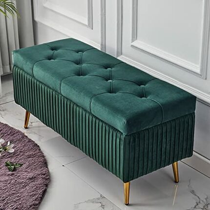 Storage Benchwith Gold Metal Legs, Modern Velvet Storage Bench, Upholstered Storage Bench, Tufted Button Entryway Bench for Entryway Living Room,