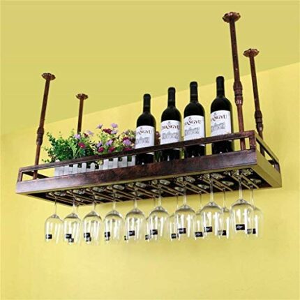 SUCHETA Hanging Wine Rack with Glass Holder and Shelf, Ceiling Wine Racks Iron Wine Glass Rack Cup Stemware Racks Bar Display Shelf Bronze, Size