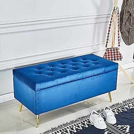 End Of Bed Bench With Storage,Living Room Comfy Upholstered Footrest Shoes Bench,Luxurious Velvet Ottoman,Blue,100X45X45Cm(39X18X18Inch)