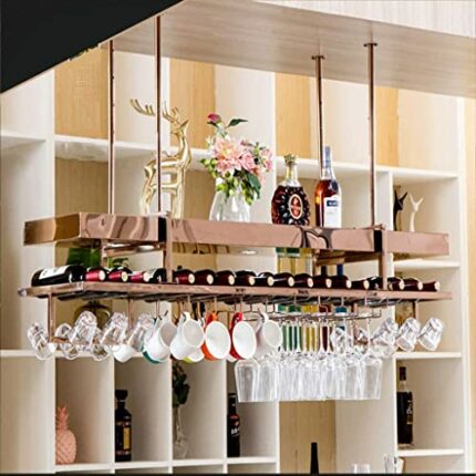 SUCHETA Wine Rack Wall-Mounted Stainless Steel Wine Glass Rack 2 Layers Of Storage Adjustable Hanging Ceiling Decoration Shelf Simple Bottle Rack