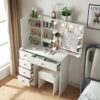 Buildonely Dressing Desk Set with Mirror and Lights, Vanity Set with 6 Storage Drawers and Cushion Stool, Hollywood Makeup Table for Bedroom, Gir