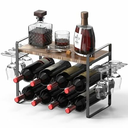 Shansis Wine Rack with Glass Holder - Metal Frame Wine Holder Stand - Solid Wood Top Wine Storage - Wine Racks Countertop for Kitchen or Home Bar