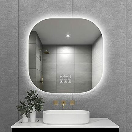 SkiPdr Led Vanity Mirror Bathroom Mirror with Lights and Time Temperature Display, Wall Mounted Antifog Dimmable Makeup Rounded Arc Corner