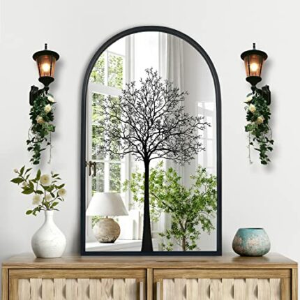 POZINO Arched Mirror, Black Arch Mirror Decor, Mantle Mirror, Fireplace Mirror, Decorative Wall Mirror, Modern Mirror for Wall Decor Living Room