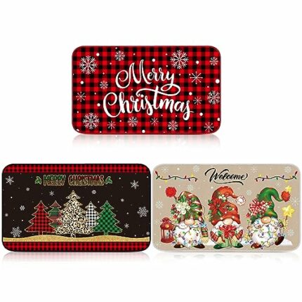 Timgle 3 Pcs Merry Christmas Door Mat Gnome Buffalo Plaid Christmas Tree Christmas Doormat Non Slip Holiday Welcome Mats Outdoor Indoor Christmas