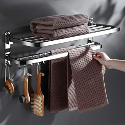HIGOH Towel Rack Bathroom Towel Rack,Folding Holder Shelf Bathroom Wall Mount Rail Organizer,Kitchen Aluminum Storage Shelf Accessories Bathroom