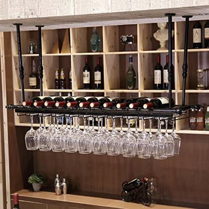 EYLINK Industry Wine Racks Ceiling-Type Wine Holder, Adjustable Wall Mounted Wine Bottle Holder Hanging Wine Glass Racks, Goblet Stemware Racks,