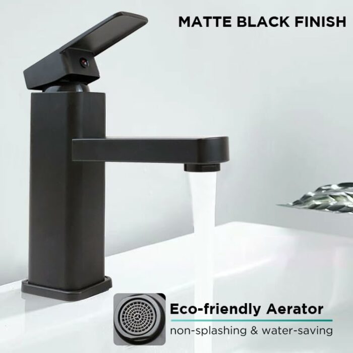 Square Basin Mixer Taps Matte Black Hot and Cold Water Countertop Basin Taps Single-Lever Bathroom Sink Mixer Taps with 80CM UK Standard Hoses