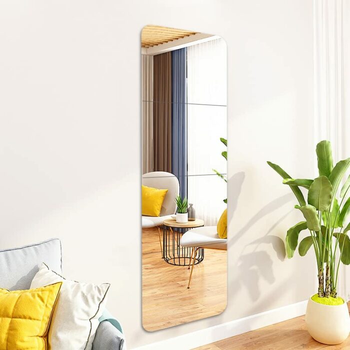 CURTEK 4 Pieces Full Length Wall Mirror Tiles 9.8x9.8 Inch Self Adhesive Door Mirror Unbreakable Wall Frameless Mirror Aesthetic Room Decor Mirro