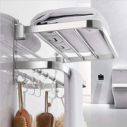 DDS-DUDES Bathroom Towel rack, Wall Mounted Stainless Steel Self Adhesive Towel Rail with Double Towel Shelf, Towel Shower Holder Organizer with