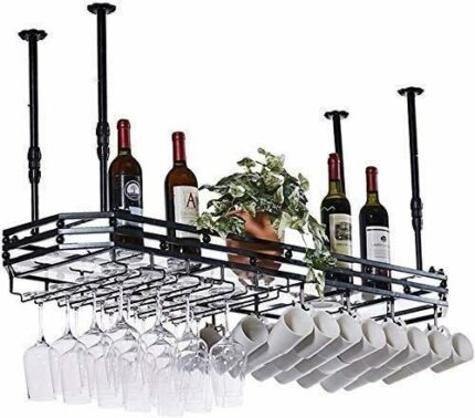 SUCHETA Hanging Wine Rack with Glass Holder and Shelf, Wall Mounted Wine Rack with Glass Holder/Metal Ceiling Hanging Wine Holder Wine Glass Rack