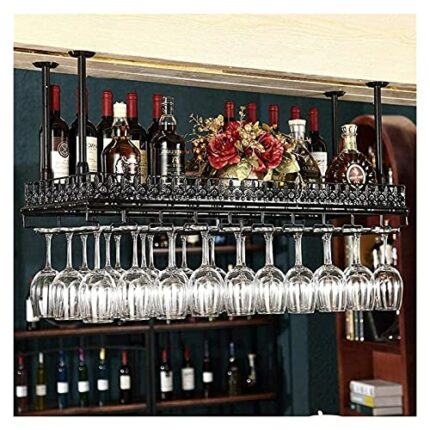 SUCHETA Hanging Wine Rack with Glass Holder and Shelf, Wine Glass Rack Hanging Steamware Rack Champagne Glass Rack Holder Vintage Style Bar Wall