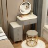 Dressing Table Set with LED Lights Mirror and 4 Drawers, Wooden Makeup Vanity Desk Stool, Modern Makeup Vanity Dressing Table with Cushioned Stoo