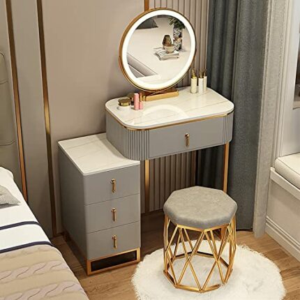 Dressing Table Set with LED Lights Mirror and 4 Drawers, Wooden Makeup Vanity Desk Stool, Modern Makeup Vanity Dressing Table with Cushioned Stoo