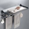 Towel Rail Wall Mounted Black 2 Tier Towel Holders for Bathrooms, 60 cm Towel Rack With 2 Hooks Aluminum Tea Towel Holders, Dual Rod Towel Shelve
