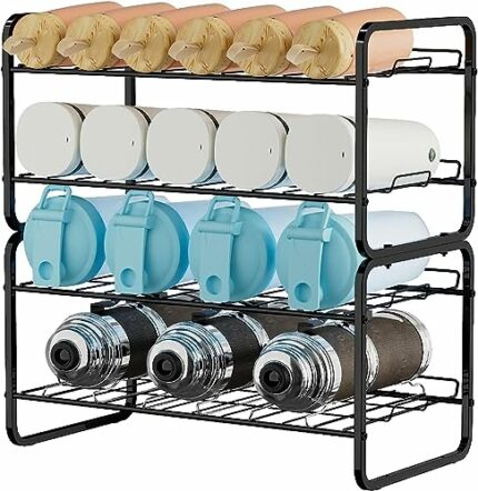 MOOACE 2 Pack Water Bottle Organizer, Stackable Water Bottle Storage Rack for Cabinet Refrigerator, Hold 20 Bottles, Black