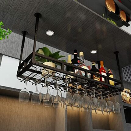 EMISOO Hanging Wine Rack, Metal Ceiling Mount Wine Bottle Shelf Wine Storage Display Holder Stemware Glass Shelf for Under Cabinet Kitchen Bar Ad