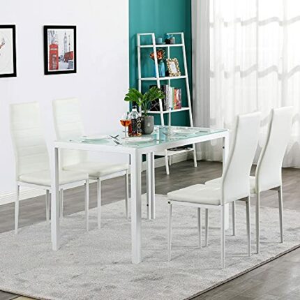 DINGZZ (120 x 70 x 75) cm 5 Piece Dining Table Set GlassTable and 4 Leather Chair for Kitchen Dining White
