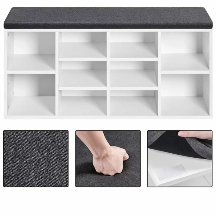 TJLSS 10 Cubbies Shoe Storage Bench Wood Foam and Fabric White Shoe Cabinets Muebles Door-to-door Shoe Cabinet