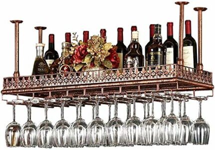 SUCHETA Hanging Wine Rack with Glass Holder and Shelf, Ceiling Hang Upside Down Wine Goblet Holders Vintage Iron Metal Casting Tall Glasses Bottl