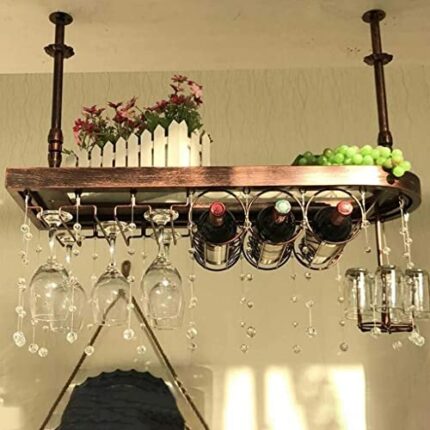 EYLINK Wine Rack Ceiling Solid Wood Wine Glass Rack Double Buckle Design Adjustable Wine Bottle Rack Home Upside Down Goblet Glass Rack Bar Ceili