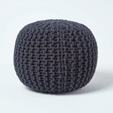 EXQUIZIT HOME Knitted Round Pouffe Foot Stool Ottoman Large 100% Cotton Chunky Moroccan 50cm Pouf COLOUR BLACK