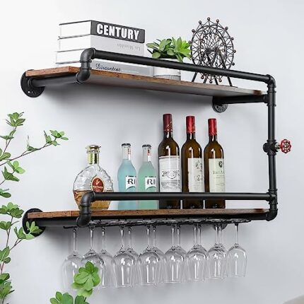 POLUNCA Industrial Pipe Shelves Wine Rack Wall Mounted 2Tier,Hanging Floating Mini Bar Shelves with Glass Holder and Storage,Perfect for Liquor B