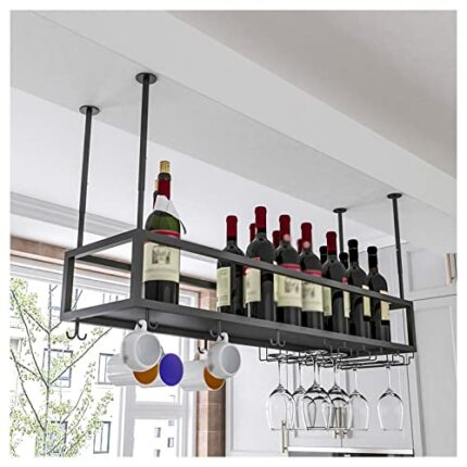 EYLINK Ceiling Hanging Wine Glass Rack, 11.8-23.6 inch Height Adjustable Hanging Wine Rack, Black/Gold Wall-Mounted Wine Glass Rack Perfect for B