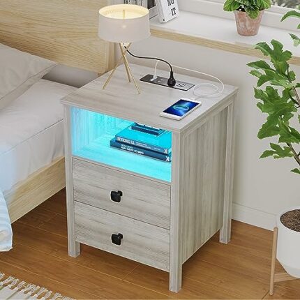 WOOVIVS Nightstand with LED Lights, Bedside Table with 2Outlets & USB Ports, Wooden Night Stand with 2 Drawers, End Table for Bedroom/Living Room