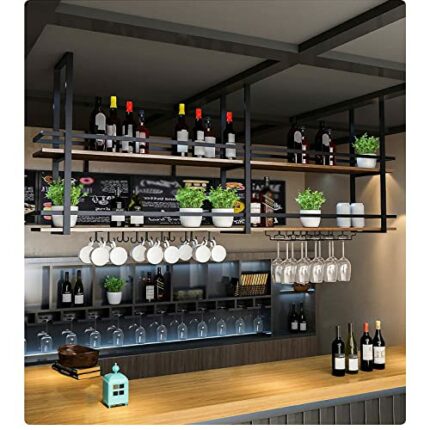 EYLINK Rustic Hanging Wine Rack, Industrial Ceiling Mount Shelf, 2 Tier Vintage Display Wine Storage Holder with Stemware Glass Shelf and Guard R