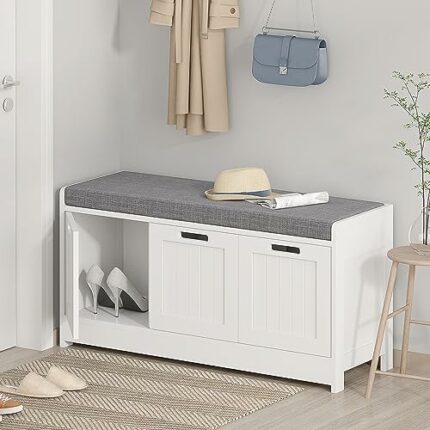 JEROAL Shoe Bench, Lift Top Entryway Bench with Removable Cushion, Wood Shoe Rack with Shoe Storage Drawer and  Doors for entryway, Mudroom, Hall