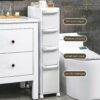 4-Tiers Bathroom Floor Storage Cabinet 8.6'' Small Corner Bathroom Floor Cabinet with Clear Drawers and Casters Waterproof Drawer Cart Storage To
