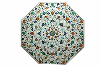Gifts And Artefacts 42 x 42 Inches Octagon Shape White Marble Dining Table Top Multicolor Gemstone Inlay Work Kitchen Table for Home Furniture De