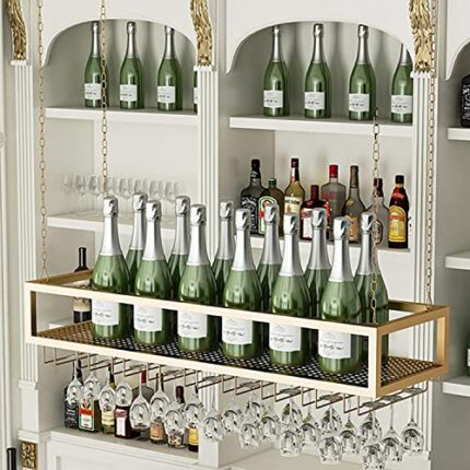 EMISOO Wine Rack Wall Mounted - Metal Bar Hanging Wine Cabinet, Ceiling Wine Racks, Home Cabinet Organizers, Height Adjustable (Black,Gold)
