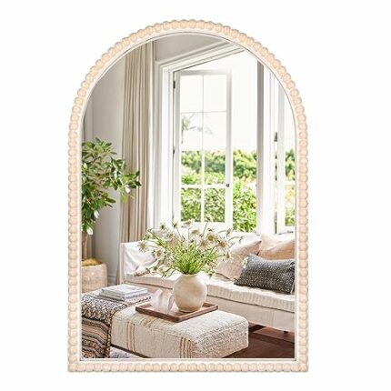 Arched Wall Mirror for Bathroom - 24"x36" Frame Decorative Accent Mirror with White Wooden Beads, Large Modern Rustic Distressed Hanging Wall Dec