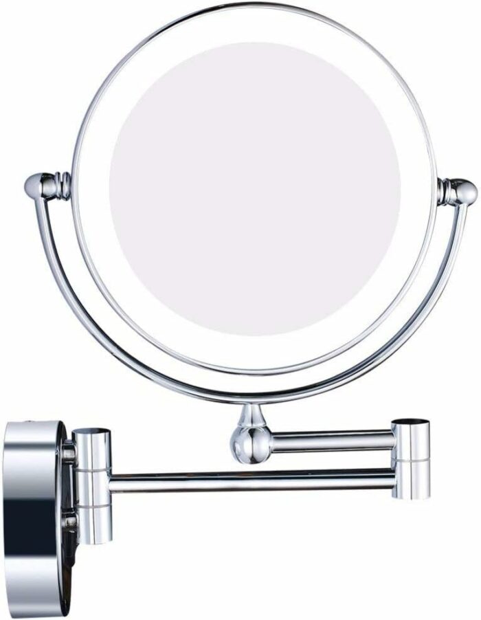 Wall Mounted LED Lighted Makeup Mirror, 8 inch Chrome Double Sided Brass Vanity Extendable Bathroom Mirror with Magnification, with Switch and Pl
