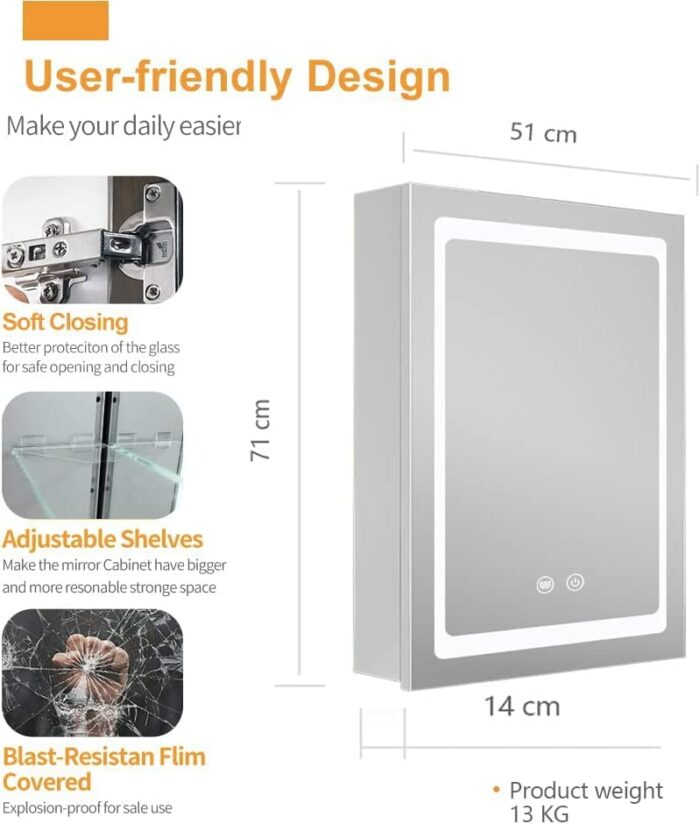 Janboe Illuminated Led Mirror Cabinet for Bathroom,Led Medicine Cabinet,Made of Stainless Steel,Wall Mounted Medicine Cabinet with Touch Swith, 3