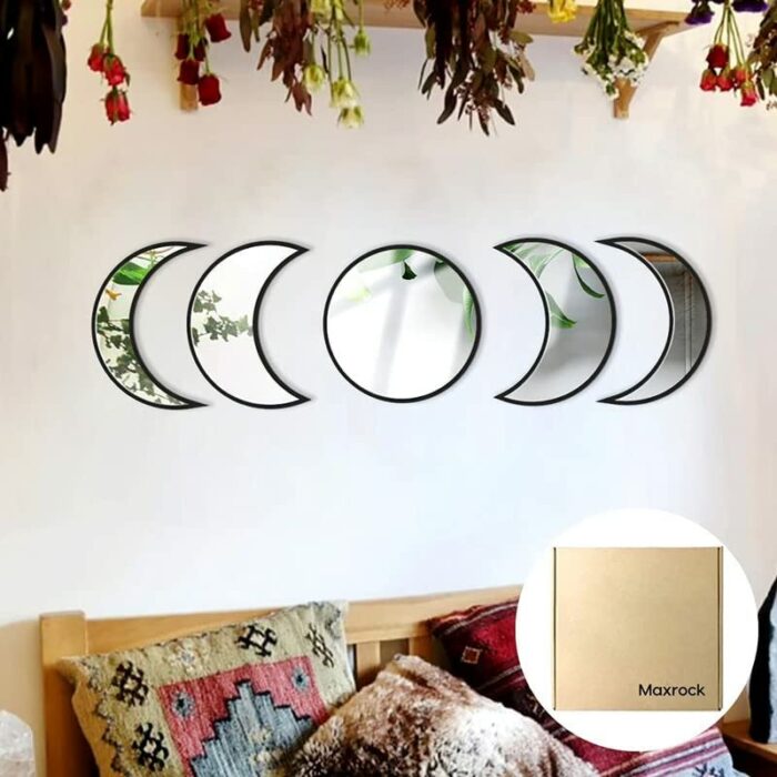 MAXROCK Moon Phase Mirror Set, 5 Piece Scandinavian Natural Decor Wall Decorative Acrylic Mirror Bohemian Moon Mirror for Living Room Bedroom, Ho