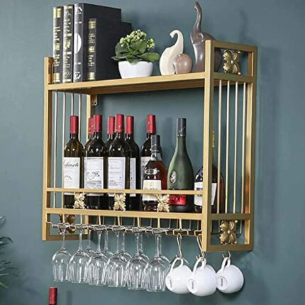 SUCHETA Wine Rack Wall-Mounted Double-Layer Storage European Inverted Iron Wine Glass Rack Industrial Bottle Holder Wine Shelf With Hooks For Bar