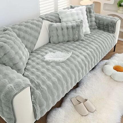 Hufu Rabbit Plush Sofa Cover, Soft Warm Sofa Slipcover For Corner L Shape 1 2 3 Seater, Non-Slip Velvet Sofa Cushion Covers, Thick Furniture Prot