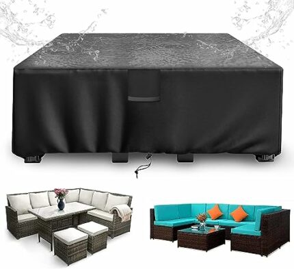 SIRUITON Garden Furniture Cover, Patio Garden Table Cover with Air Vent Waterproof, Windproof, Anti-UV, Heavy Duty 420D Oxford Fabric, Rectangula