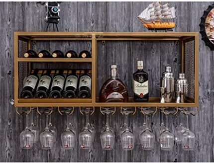 SUCHETA Vintage Bar Wall Floating Wine Bottle Rack Cabinet, Wall-Mounted Hanging Wine Rack Wine Glass Storage Rack Metal Stemware/Goblet Rack Hom